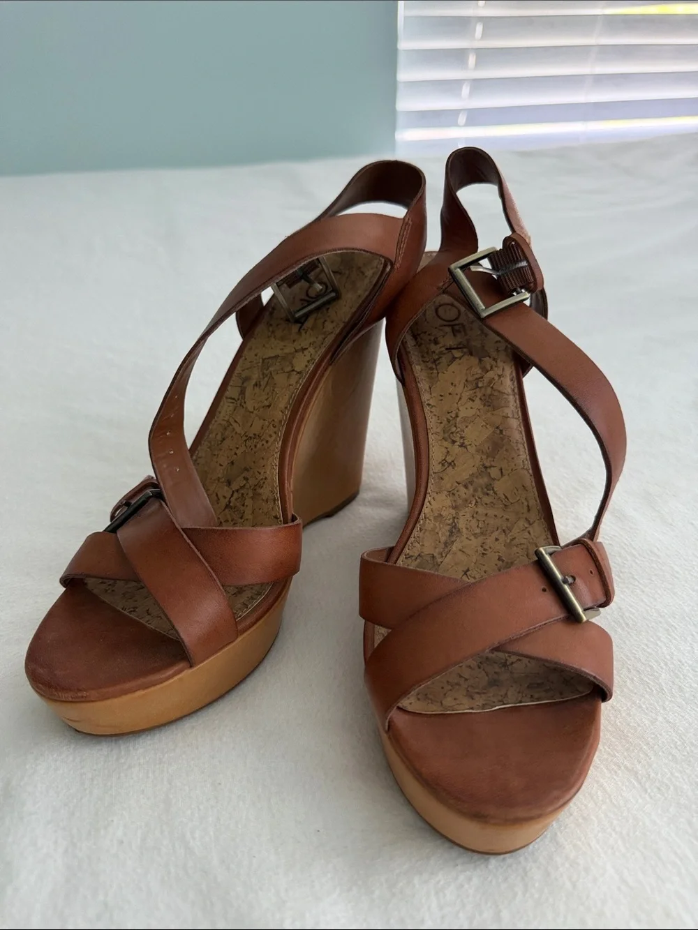 Women’s Brown Leather 5” Wedge Sandals with Buckle Straps